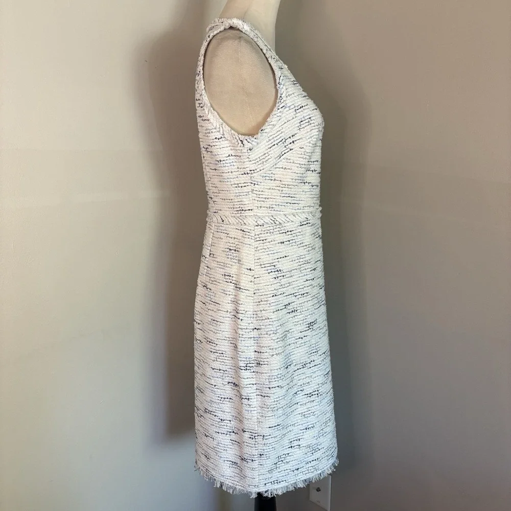 Kate Spade New York Tweed V-Neck Sheath Dress White Navy Fringe Boucle Size 8
